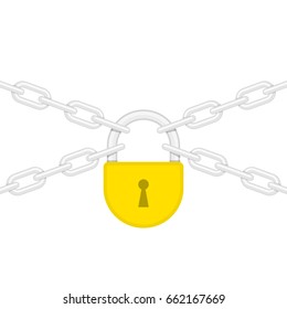 Padlock and Metal Chain in flat style. Concept of protection or security. Closed lock and chainlet isolated on white background. Vector illustration EPS 10.