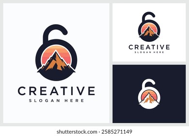 Padlock Mountain Design Inspiration. Padlock Mountain Symbol Logo Vector Template Design, Padlock Mountain Design Logo Vector Illustration