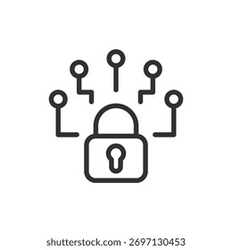 Cadeado com nós de rede, ícone linear. Cibersegurança e proteção de dados. Linha com traçado editável.