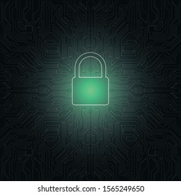 Padlock on the circuit board background
