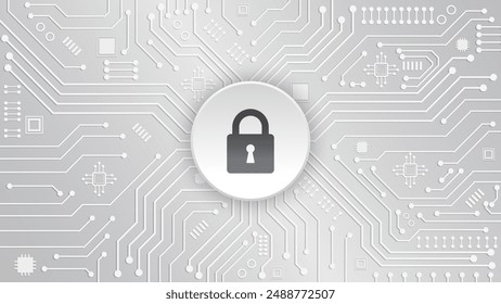 Padlock on circuit board. Cyber security concept abstract background. Secure service. Technology data protection system and safety information personal. Vector illustration.