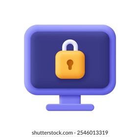 Candado en la pantalla del ordenador. Protección de datos, seguridad en Internet y ciberseguridad. Icono de Vector 3D. Estilo minimalista de dibujos animados.