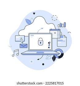 Padlock on laptop computer screen, cloud, digital files. Concept of secure access to online personal data, safety and protection of information. Modern linear vector illustration for banner, poster.