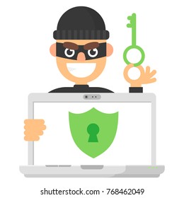 Padlock on screen laptop and thief hacker with key