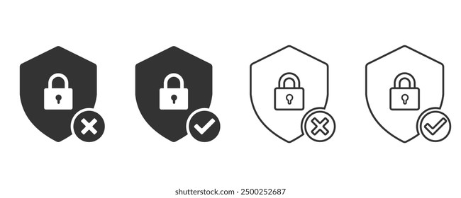 Candado en un escudo con un icono de marca de verificación. Icono plano y de línea. sistema de seguridad y protección de datos. Diseño de Ilustración vectorial para Web, UX, UI y App.