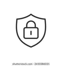 Padlock on shield, linear icon. Secure access, data encryption, protection. Line with editable stroke