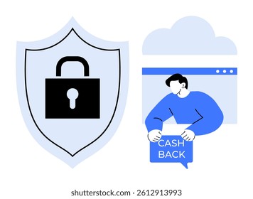 Padlock on shield and person holding cashback card near cloud. Ideal for Online Security, E-commerce, Financial Transaction, Cloud Services, and Digital Safety. Minimalist, modern, clean