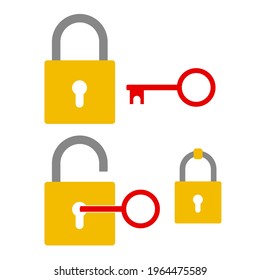 Padlock open and closed. Key in keyhole. Hanging padlock. Flat style vector illustration isolated on white background.