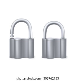 Padlock in the open and closed position, isolated on white background