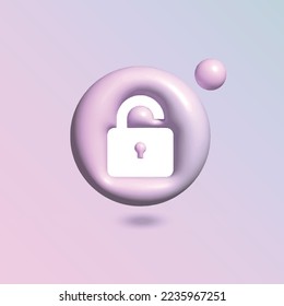 The padlock is open Icon with in circle bright pastel color in 3d style realistic vector