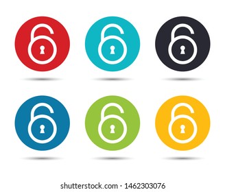 Padlock open icon flat round button set illustration design isolated on white background