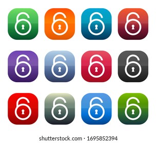 Padlock open icon shiny square buttons set illustration design isolated on white background