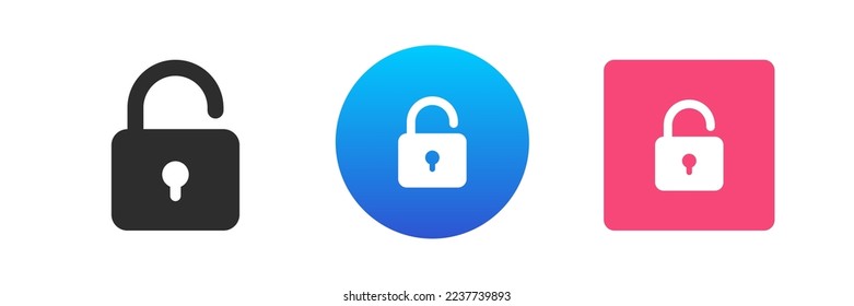 Padlock open lock access unlock password private encryption key icon set vector flat illustration. Security locker unblock equipment login data admission protected web authorization information secure