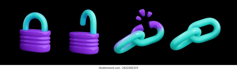 Padlock, bloqueo abierto, cadena y eslabón de la cadena de debilidades 3d icono vectorial sobre fondo negro. Protección, seguridad, encriptación, signos de privacidad. Elementos de diseño de protección de seguridad. Seguridad cibernética