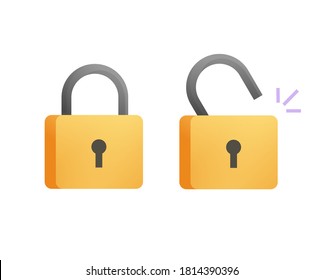 Padlock open and lock closed flat vector icon cartoon 3d illustration pictogram isolated, illustrated unlocked and locked padlocks symbols modern clipart