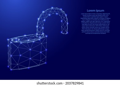 Padlock with open shackle, symbol of vulnerability of data protection, from futuristic polygonal blue lines and glowing stars for banner, poster, greeting card. Vector illustration.