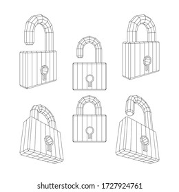 Padlock. Outline isometric padlocks vector illustrations collection. Padlocks graphics in different view angles. Part of set. 
