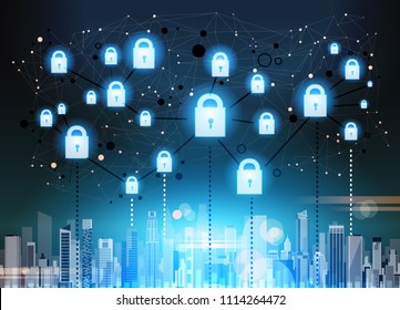 padlock over ciyscape data protection privacy concept. GDPR. Cyber security network background. shielding personal information. internet technology networking connection digital space