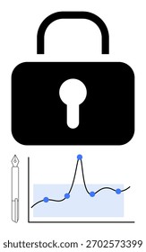 Padlock pen line graph with blue points highlight cybersecurity analytics data visualization technology, research, strategy, protection. Ideal for tech, business, education, finance, innovation