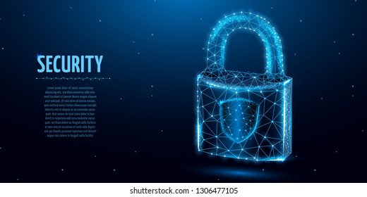 Padlock. Polygonal wireframe mesh looks on dark blue  background. Cyber security, safe, privacy or other concept. Allegory in low poly style. Vector illustration
