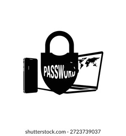 Padlock protecting laptop and mobile devices with password security