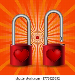 Padlock mit dem 3D-Logo des roten Herzens. Illustration, Vektorgrafik auf sunburgerem Hintergrund