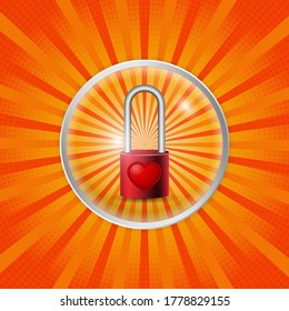 Padlock With Red Heart Isolated on Circle Glass Effect 3D Logo. Illustration vector of sunburst background. Locked love. Orange Color