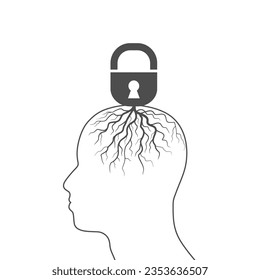 Padlock rooted in human head, Illustration about fixed mindset and negative think. Lock closed brain, head and idea