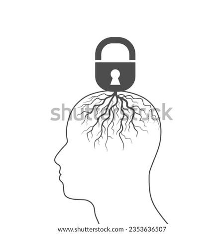 Padlock rooted in human head, Illustration about fixed mindset and negative think. Lock closed brain, head and idea