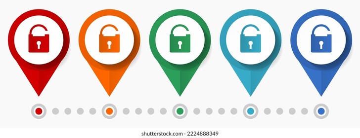 Padlock, conjunto de iconos vectoriales de concepto de seguridad, punteros de diseño plano, plantilla infográfica