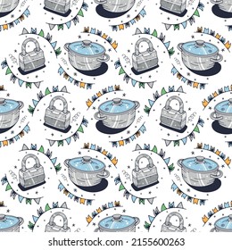 Padlock y Saucepan. Patrón sin brillo en un fondo blanco. Ilustración vectorial de corte.