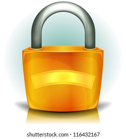 Padlock Security Icon/ Illustration of a glossy golden iron padlock icon with blank advertisement banner for certified authentication symbol, protection and security system