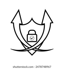 padlock and security shield with check list. Logo or icon. outline design style. Suitable for data protection designs, presentations, reports, icons etc. vector design template