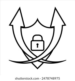 padlock and security shield with two arrows. Logo or icon. outline design style. Suitable for data protection designs, presentations, reports, icons etc. vector design template