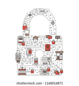 Padlock security symbol shape poster banner template. Data protection, computer security vector thin line art flat style design elements, icons for website banners and printed materials.