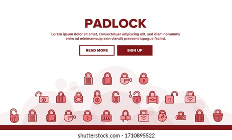 Padlock Security Tool Landing Web Page Header Banner Template Vector. Opened And Closed Padlock, Electronic Password And Key, Accessory With Blank Label Illustration