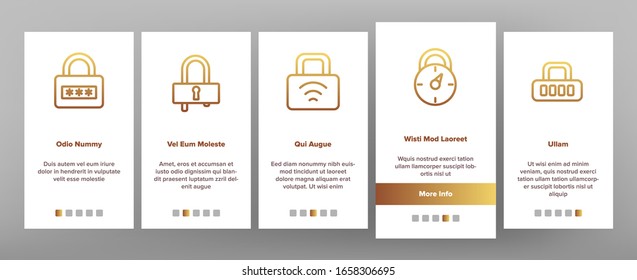 Padlock Security Tool Onboarding Icons Set Vector. Opened And Closed Padlock, Electronic Password And Key, Accessory With Blank Label Illustrations