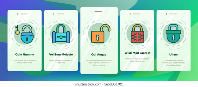 Padlock Security Tool Onboarding Icons Set Vector. Opened And Closed Padlock, Electronic Password And Key, Accessory With Blank Label Illustrations