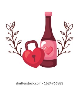 padlock in shape heart with bottle wine isolated icon vector illustration design