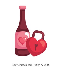 padlock in shape heart with bottle wine isolated icon vector illustration design