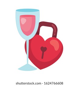 padlock in shape heart and cup glass with wine vector illustration design