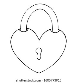 Padlock in the shape of a heart. Sketch. Vector illustration. Doodle style. A symbol of love and strong relationships of the newlyweds. Isolated background. Coloring book for children. 
