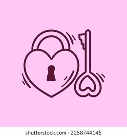 Padlock Shaped Love and Key Outline Hand Drawn Vector Cartoon Illustration on Isolated Background. Valentine Hand Drawn Vector Illustration. Valentine Logo Concept. Valentine Cartoon Style.