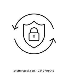 Padlock y escudo en flecha circular. Estilo de línea de icono del proceso de protección aislado en fondo blanco. Ilustración del vector