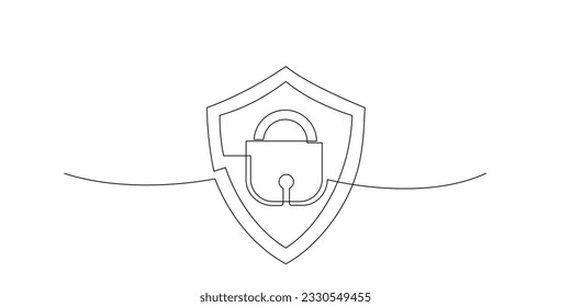 Padlock and shield in continuous single line drawing style. One line drawing of lock. Drawing of security protection symbol. Sigh for concept of information internet, business protection, cyber safety