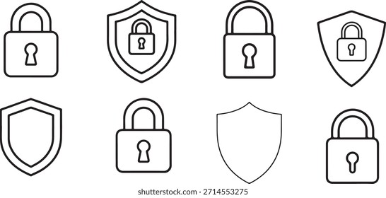 Conjunto de iconos de línea de candado y escudo para ciberseguridad y protección de datos