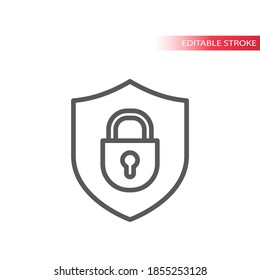 Padlock with shield outline icon. Security, safety concept editable stroke symbol.