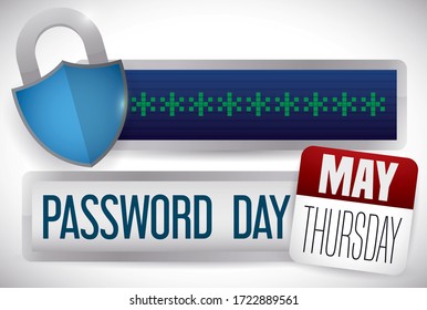 Padlock with shield shape and green screen inside of it with asterisks, symbol of safe password and commemorative sign like calendar to celebrate Password Day.