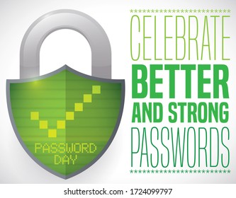 Padlock with shield shape and green screen inside of it with check symbol and commemorative sign, promoting to celebrate Password Day creating better and strong access codes.