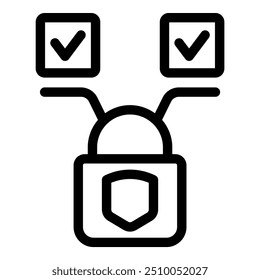 Padlock with a shield is verifying access with two checkmark icons, representing a secure two factor authentication process